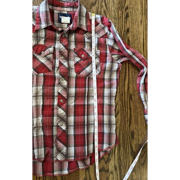 Wrangler Boys L Shirt‎ Pearl Snap Red Brown Plaid Western Cowboy Stitched Pocket - Picture 10 of 10